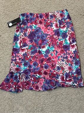 Vintage NWT 90’s Floral Ruffle-Hem Midi Skirt - Pink, Purple & Teal